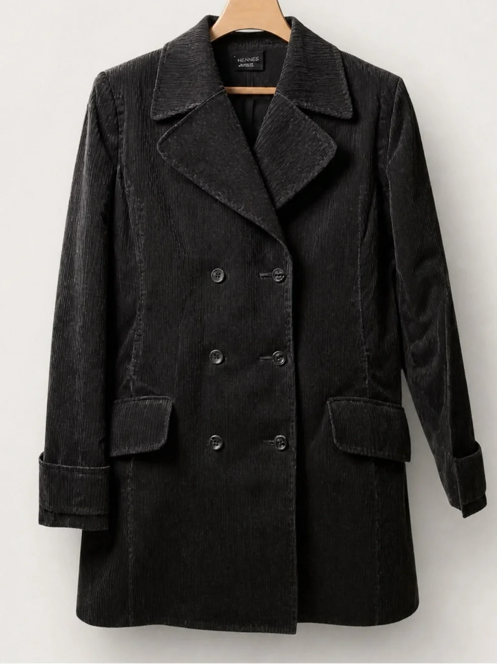 H&M Black Corduroy PeaCoat Double Breasted Longline Tailored Coat Size 12